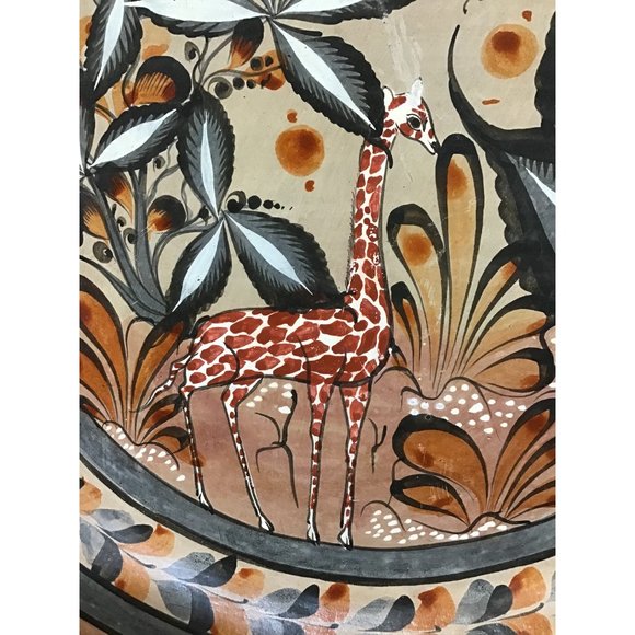 Vintage Mexican Tonala Burnished Pottery Charger Plate Signed Hanging Giraffe Ow - Picture 2 of 7